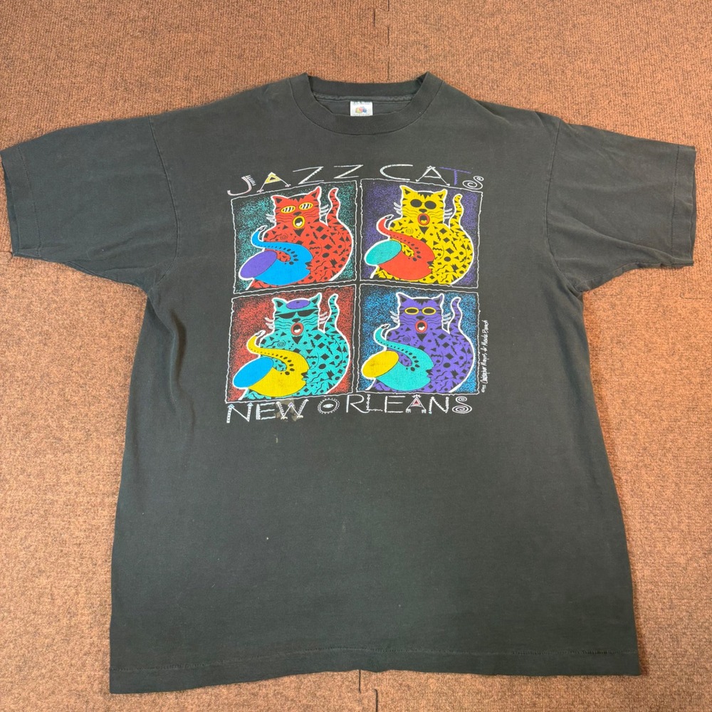 Vintage 1992 Jazz Cats New Orleans T-Shirt Mens XL Fruit of the Loom Black 90s